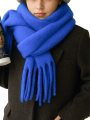 Duży Ciepły Szal Gruby Szalik Frędzle Niebieski