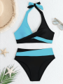 Strój Kąpielowy Dwuczęściowy Wysoki Stan Czarno-Niebieski