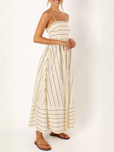 Letnia Modna Sukienka Maxi Oversize W Paski Krem