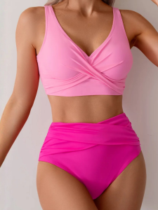 Strój Kąpielowy Bikini Wysoki Stan Różowy